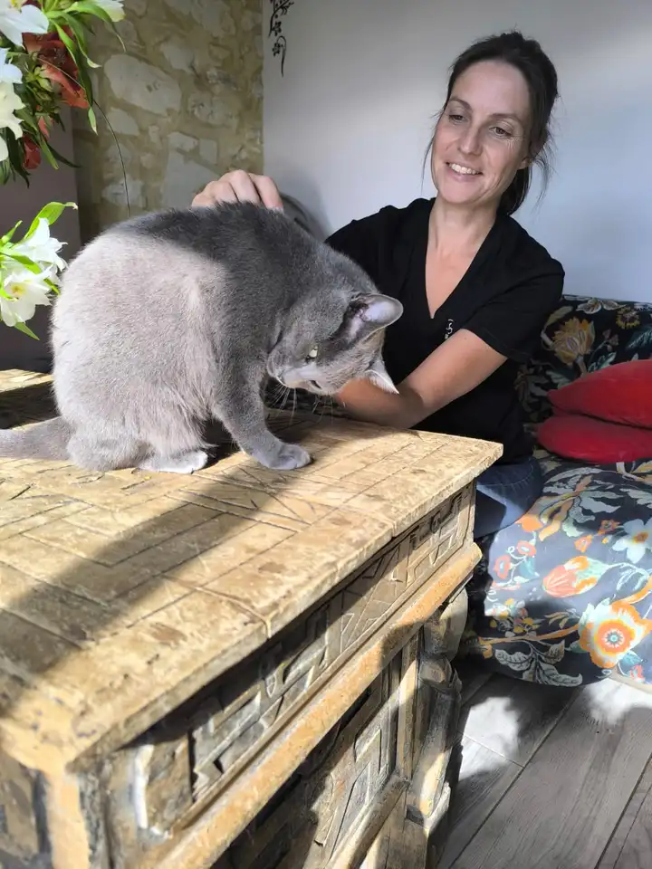 Marine Boullier souriante, une main posée sur la tête d’un chat gris installé sur une malle en bois